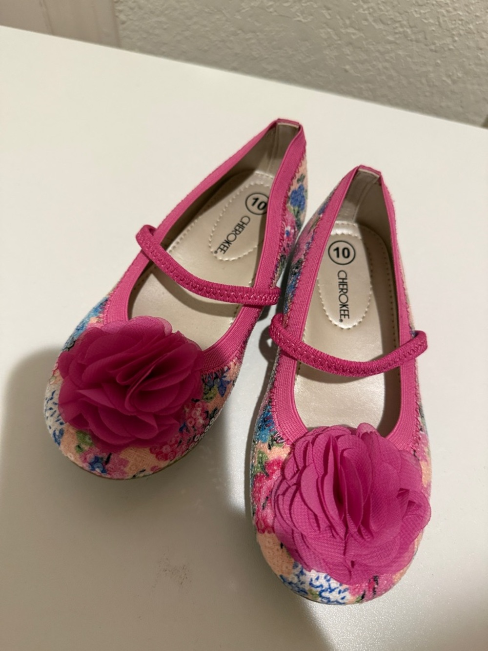 Cherokee Pink Floral Mary Jane Flats with Fabric Rosettes